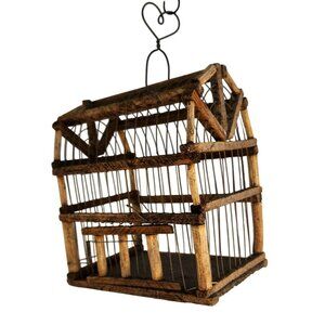 Rustic Miniature Wooden Birdcage Display With Wire Detailing & Heart Accent